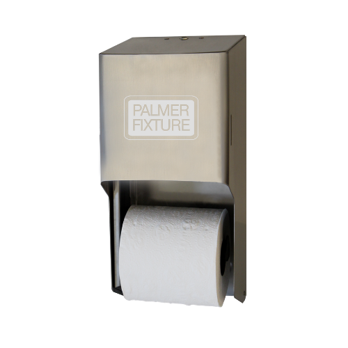 Despachador de papel higiénico vertical para dos rollos, fabricado en acero inoxidable de alta resistencia.