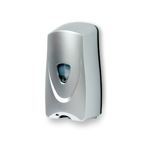 Dispensador automático de jabón en espuma con acabado cromo y detalles en plata.