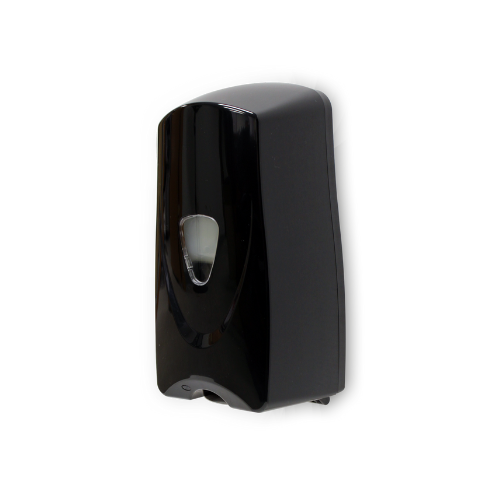 Dispensador automático de jabón en espuma con acabado cromo y detalles en negro.