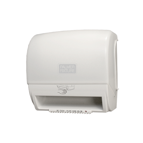 Despachador de toalla automático Palmer Fixture modelo Mini en color blanco, instalado en una pared de azulejos.