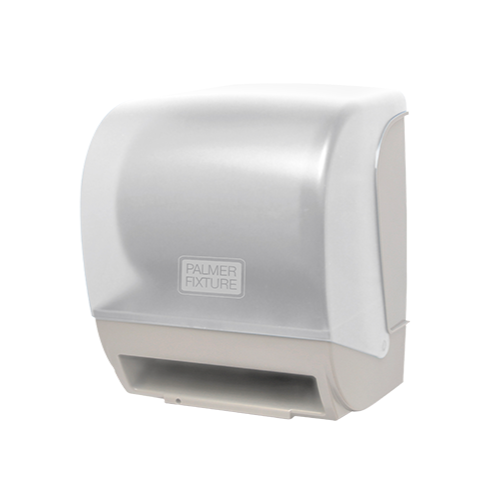 Despachador de toalla automático Inspire de Palmer Fixture en color blanco, listo para dispensar papel.