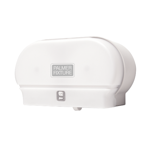 palmer-fixture-dispensador-higienico-micro-core-blanco-RD032103G-001.jpg: Despachador de papel higiénico Twin Micro-Core Palmer Fixture en color blanco, optimizado para rollos de alta capacidad.